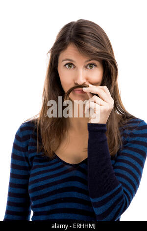 Porträt einer lustige Frau macht einen Schnurrbart mit ihren eigenen Haaren Stockfoto