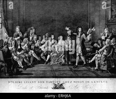 Molière - der französische Dramatiker aus seiner Komödie "Tartuffe" Zuhause Ninon de L'Enclos lesen. Kupferstich von J. L. Anselin nach einem Gemälde von Monsiau. 15. Januar 1622 - 17. Februar 1673. Zielgruppe sind Ge Gran Corneille, Racine, Lafontaine, Le Maréchal de Vivonne, Boileau Despréaux, Chapelle, Lulli, Thomas Corneille, IH Mansarde, Quinault, Baron, le grand Condé, St Evremont, La Bruyere, Le Duc de Gebäude, Girardon, Mignard, Stockfoto