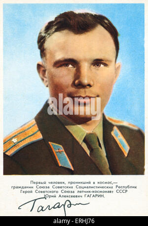 Yuri Gagarin - unterzeichnet Porträt des sowjetischen Kosmonauten. Der erste Mensch im Weltall 4. Oktober 1957. 9. März 1934 - 27. März 1968. Stockfoto