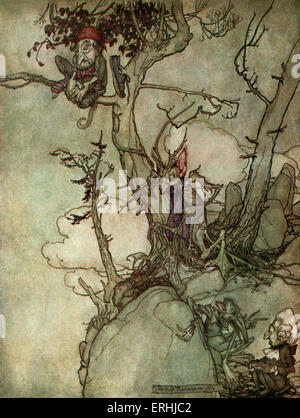 Washington Irvings Kurzgeschichte "Rip van Winkle" - Illustration von Arthur Rackham, 1904. "Die Kaatsberg oder die Catskill Mountains Stockfoto