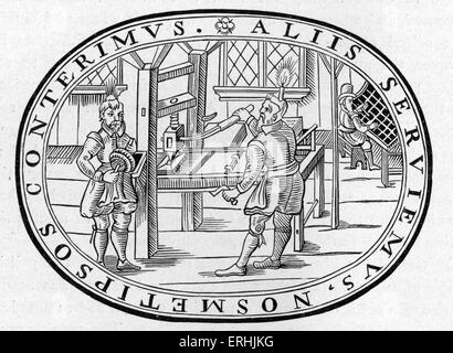 Englische Druckerei im Jahre 1619. Liest "Alliis Serviemus, Nosmetipsos Conterimus." Stockfoto