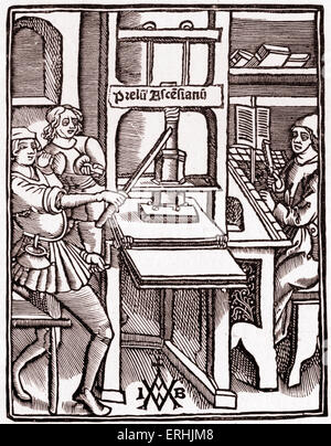 Druckmaschine, 1511. Die früheste bekannte Darstellung vom Titelblatt des Hegesippuss "Historia de Bello Judaico' gedruckt von Stockfoto