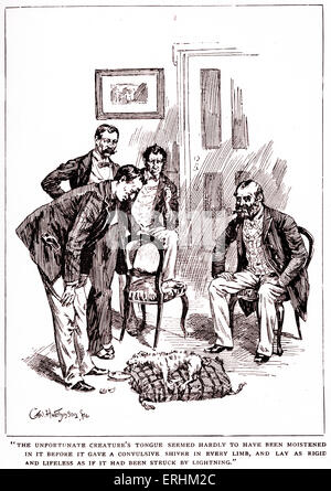 Eine Studie in Scharlachrot "von Sir Arthur Conan Doyle - Sherlock Holmes testen die Pillen auf seiner Vermieterin Hund um ihre Wirkung zu sehen. KAPITEL VII. Bildunterschrift lautet: "die unglücklichen Kreatur Zunge schien kaum drin befeuchtet worden, bevor es ein krampfhaftes Zittern in allen Gliedern gab, und legte so starr und leblos, als ob es von einem Blitz getroffen worden". Erstveröffentlichung im Jahre 1887. Illustration von Geo Hutchinson. 1893. A.C. Doyle, schottischer Autor: 22. Mai 1859 - 7. Juli 1930. Stockfoto