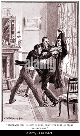 "Eine Studie in Scharlachrot" von Sir Arthur Conan Doyle - Sherlock Holmes und Polizist Lestrade verhaften Jefferson Hope, die Stockfoto