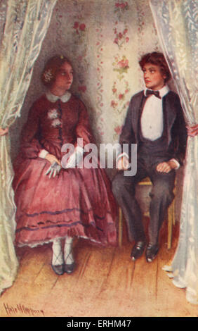 "Little Women" von Louisa May Alcott - Porträt von Jo & Laurie in der drapierten Aussparung. Kapitel III: "die Laurence Boy". Beschriftung Stockfoto