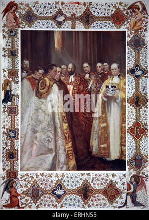 Krönung von George V 1910 mit der Erzbischöfe von Canterbury und York und Bischof von Durham, Bischof von Bath und Wells, Dekan von Westminster. Stockfoto