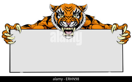 Ein Cartoon mittlere Tiger Sport Maskottchen mit einem großen Schild Stockfoto