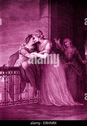 William Shakespeares Romeo und Julia - Akt III, Szene V. Romeo, Juliet und Krankenschwester in Julias Zimmer zu spielen.  Englischer Dichter und Stockfoto