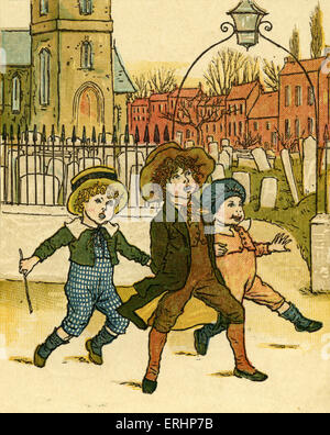 Wir sind alle jolly Boys Kinderreim, illustriert von Kate Greenaway. Katze stecken bis ein Pflaumenbaum. Englisch für Kinder Buchillustratorin und Autorin 17. März 1846 - 6. November 1901 von Mutter Gans Buch. (Erste veröffentlichte 1881.) Stockfoto