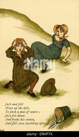 Jack und Jill illustriert von Kate Greenaway. Englisch für Kinder Buchillustratorin und Autorin 17. März 1846 - 6. November 1901 von Mutter Gans Buch. (Erste veröffentlichte 1881.) Stockfoto