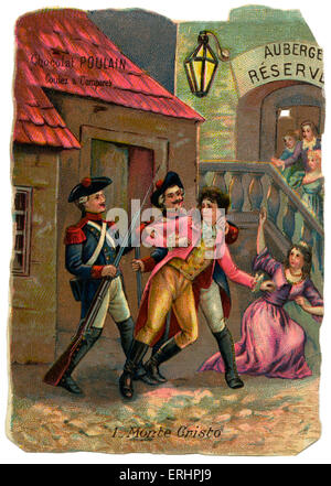 Der Graf von Monte Christo - Dantess Hochzeit mit Mercedes fällt auseinander, da die Wachen unerwartet kommen und him.adventure Roman von Alexandre Dumas verhaften: französischer Schriftsteller, 24. Juli 1802 – 5. Dezember 1870. Werbung für "Chocolat Poulain". Stockfoto