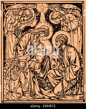 Geburt Jesu - Darstellung der Geburt Jesu mit Maria hält das Baby, Josef und drei Engel, die auf der Suche auf, und ein Stockfoto