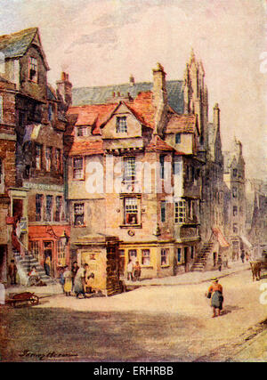 John Knox Haus - High Street, Edinburgh. Von "Edinburgh" von Stevenson. JK: Schottischer Geistlicher, ein Führer der protestantischen Reformation, C 1510 – 24. November 1572. RLS: Schottischer Schriftsteller, Dichter und Reiseschriftsteller, 13. November 1850 – 3. Dezember 1894. Illustration von James Heron. Stockfoto