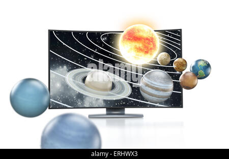 3D TV-Konzept mit Planeten gehen aus dem Bildschirm heraus. Stockfoto