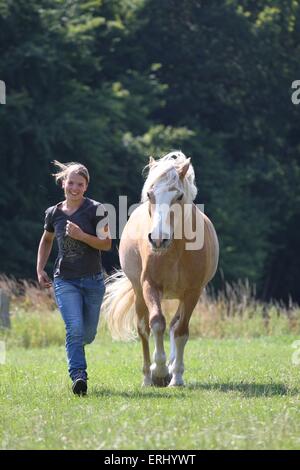 Mädchen und Haflinger-Pferd Stockfoto