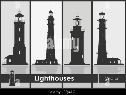 Leuchttürme. Eingestellt von Silhouetten der großen Leuchttürme auf grauem Hintergrund. Stock Vektor
