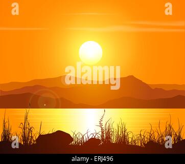 Landschaft mit Sonnenuntergang an der Küste über Bergkette. Vektor-Illustration. Stock Vektor