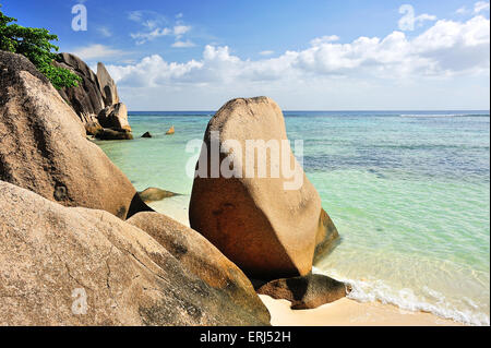 Sea View Source d' Argent, Strand auf der Insel La Digue, Seychellen Stockfoto