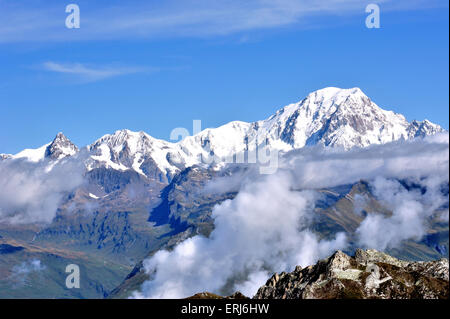 Das Massiv des Mont Blanc, gesehen aus dem Süden, Les Arcs, Panoramablick, Frankreich Stockfoto