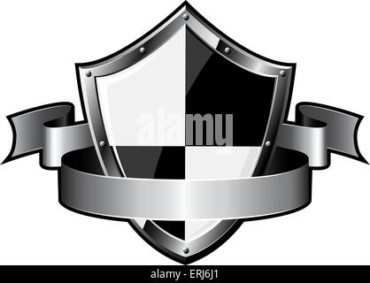Stahlschild mit Band auf weißem Hintergrund. Vektor-Illustration. Stock Vektor