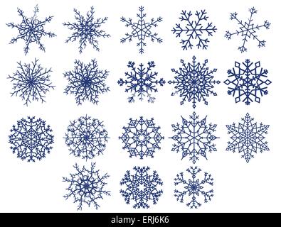 Reihe von schönen verschiedene Schneeflocken isoliert auf weiss Stock Vektor