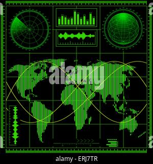 Radarbildschirm mit Weltkarte. Vektor-EPS8. Stock Vektor