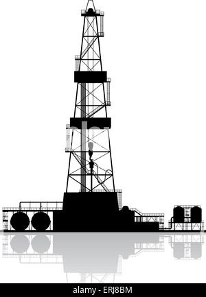 Oil Rig Silhouette. Detaillierte Vektor-Illustration der Bohrinsel isoliert auf weißem Hintergrund. Stock Vektor