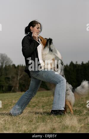 Dogdance mit Australian Shepherd Stockfoto