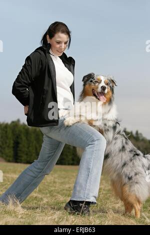 Dogdance mit Australian Shepherd Stockfoto