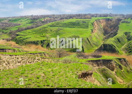 Zeitigen Frühjahr Landschaft mit Bodenerosion in der Ukraine. Stockfoto