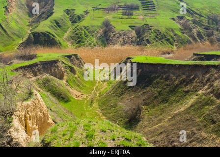 Formen der frühen Frühlingslandschaft - Bodenerosion in der Ukraine. Stockfoto