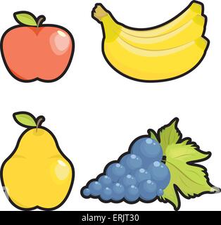 Vektor Fruchtansatz. Apfel, Birne, Trauben, Bananen auf weißem Hintergrund Stock Vektor