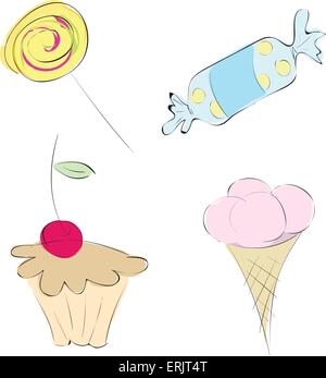 Vektor-Bilder in einer Vielzahl von Süßigkeiten. Set: Mini-Kuchen, Eis, Süßigkeiten und Karamell Stock Vektor