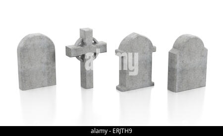 Vier Grabsteine isoliert auf weißem Hintergrund. Stockfoto
