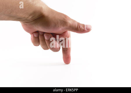Weißen männlichen Zeigefinger nach unten auf einem weißen Hintergrund Stockfoto