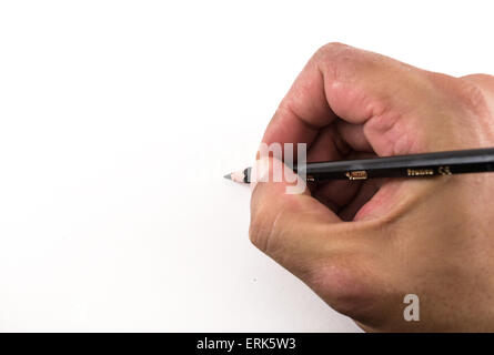 Männliche Hand mit einem schwarzen Stift zeichnen leer auf einem weißen Hintergrund Stockfoto