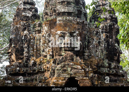 North Gate von Angkor Thom, Avalokiteshvara Gesicht Turm, Detail, Angkor Thom, Siem Reap, Kambodscha Stockfoto