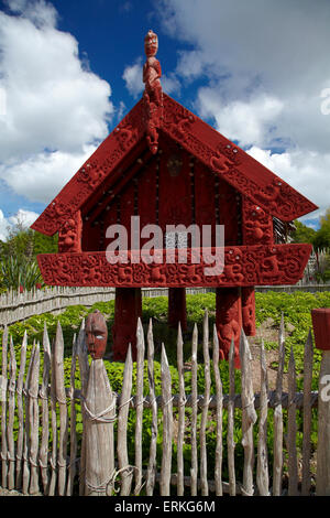 Geschnitzt, Maori Pataka Lagerhaus, Te Parapara Garten, Hamilton Gardens, Hamilton, Waikato, Nordinsel, Neuseeland Stockfoto