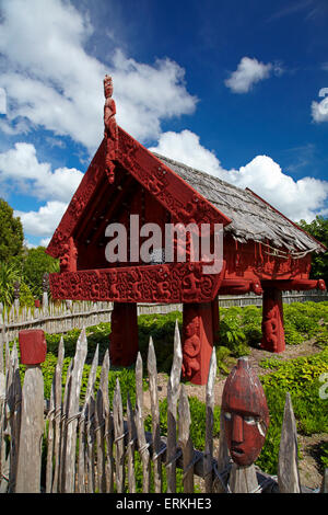 Geschnitzt, Maori Pataka Lagerhaus, Te Parapara Garten, Hamilton Gardens, Hamilton, Waikato, Nordinsel, Neuseeland Stockfoto