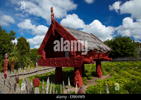 Geschnitzt, Maori Pataka Lagerhaus, Te Parapara Garten, Hamilton Gardens, Hamilton, Waikato, Nordinsel, Neuseeland Stockfoto