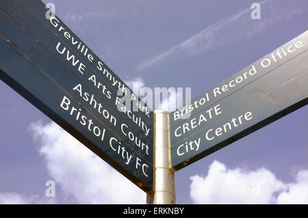 Ein Fußgänger Wegweiser leiten Touristen zu den Sehenswürdigkeiten und Attraktionen in Bristol. Stockfoto