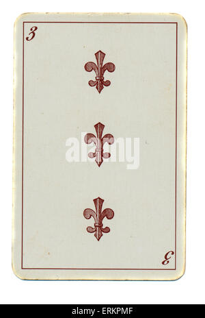 Vintage Spielkarte von Kreuz Nr. 3 isoliert auf weiss Stockfoto