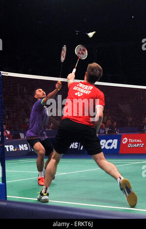 Jakarta, DKI Jakarta, Indonesien. 4. Juni 2015. JAKARTA, Indonesien - Juni 04: Deutschlands Marc Zwibler kehrt ein Schuss Indonesien Tommy Sugiarto während Männer single bei der 2015 Indonesien Open Superseries Premier Badminton-Turnier in Jakarta am 4. Juni 2015. © Sijori Bilder/ZUMA Draht/Alamy Live-Nachrichten Stockfoto