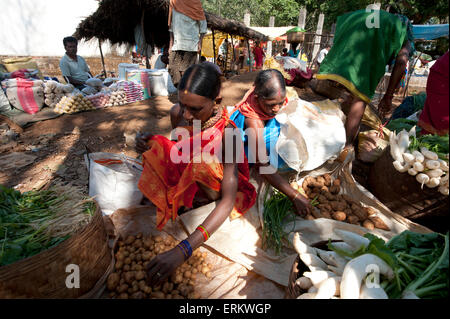 Mali Stammes-Frauen verkaufen ihr Gemüse in Mali wöchentliche tribal, Guneipada, Koraput Marktviertel, Orissa (Odisha), Indien Stockfoto