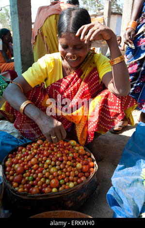 Mali Tribeswoman mit gold Noserings Verkauf von Tomaten in Mali wöchentliche tribal, Guneipada, Koraput Marktviertel, Orissa, Indien Stockfoto