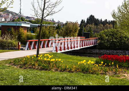 Seitenansicht der Holzbrücke mit roten und weißen Geländer am Fluss, zwischen Blumen und Wiese. Stockfoto