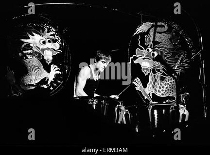 Carl Palmer von Emerson, Lake and Palmer in der Leistung auf der "Brain Salad Surgery" Tour im Juni 1977. Stockfoto