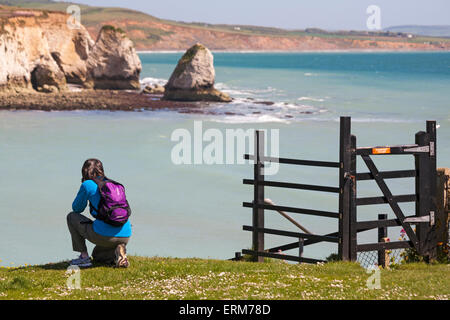 Frau ein Foto von der Landschaft in Freshwater Bay, Isle of Wight, Hampshire Großbritannien im Mai - seastacks sea Stacks Stockfoto