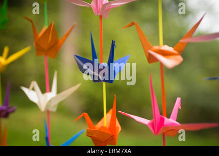 Lebendige Origami-Kraniche Stockfoto