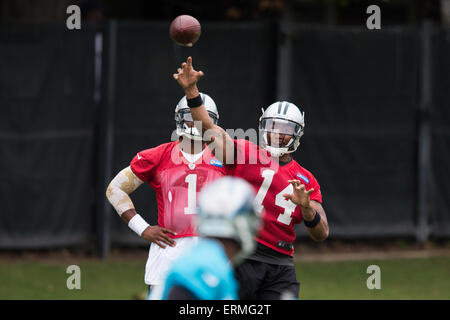 Charlotte, North Carolina, USA. 4. Juni 2015. NFL 2015 Carolina Panthers QB Joe Webb Nummer 14 macht einen Pass während OTA bei Panthers Übungsfeld Charlotte NC. Scott D Stivason/Cal Sport Media/Alamy Live-Nachrichten Stockfoto